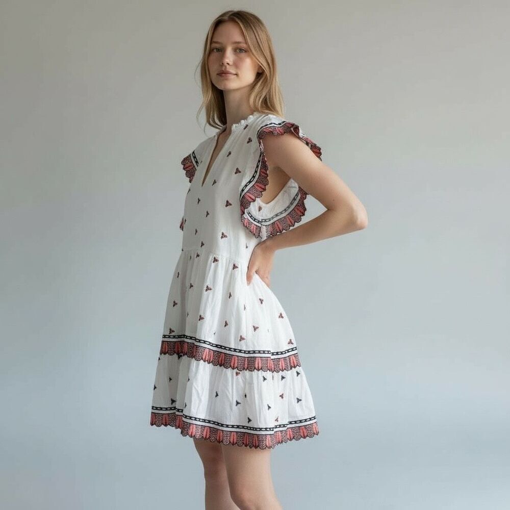 Marie Oliver XXS Embroidered White Orange Dress Boardwalk Old Money Preppy Boho